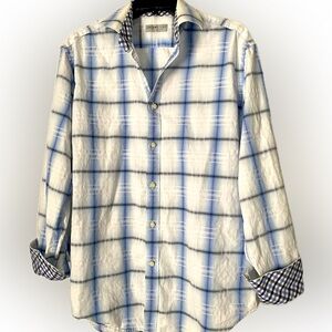 Men’s long sleeve shirt by Jack Stone.  Large.  Blue white stripe